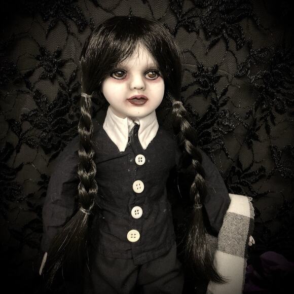 OOAK Creepy Odd 16” Wednesday Addams Halloween Inspired Artist Fan Art Doll - Picture 16 of 16